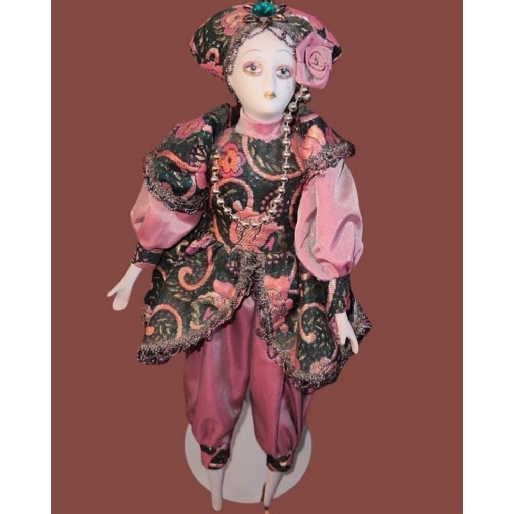 Harlequin Porcelain Clown Jester Doll Hands Feet Hand Painted Art W/ Stands 18" - Picture 2 of 4